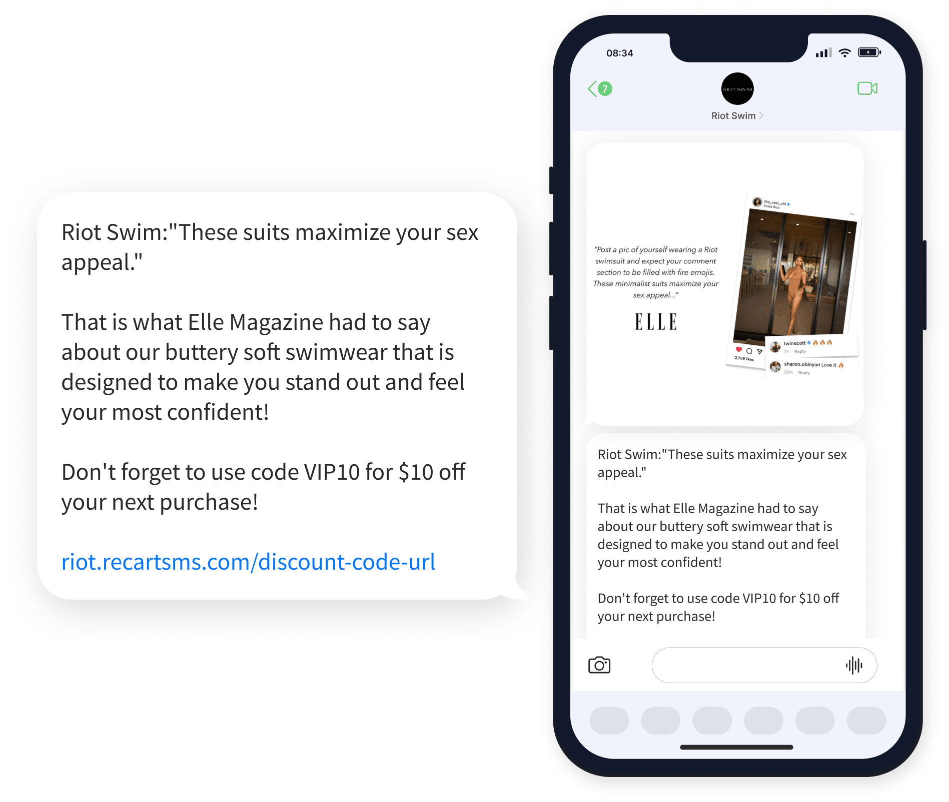 Example of Social Proof in SMS Marketing - Riot Swim’s Elle Appeal